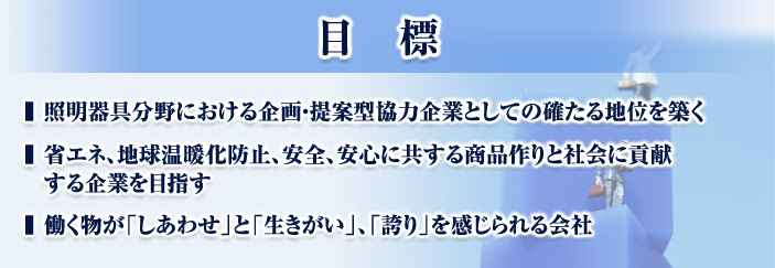 5年後の目標　企画・提案型協力企業としての確たる地位を築く　省エネ、地球温暖化防止、安全、安心に共する商品作りと社会に貢献する企業を目指す　年商10億を達成する　働く物が「しあわせ」「生きがい」「誇り」を感じられる会社